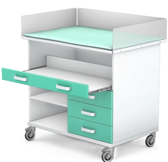 Mobile medical trolley with pull-out drawers and a raised-edge worktop