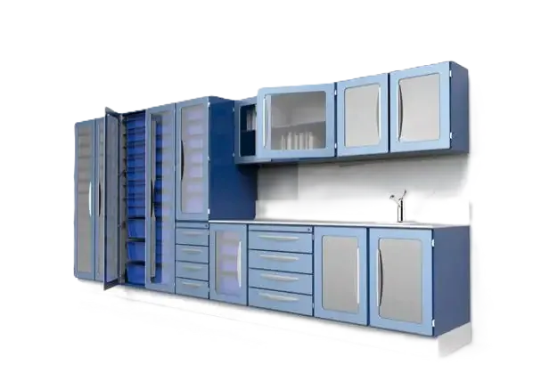 Modular wall cabinet system with glass-front upper units, drawers and a sink counter
